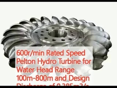 600 r/min Velocidad nominal Turbina hidráulica Pelton para cabeza de agua Rango de 100m-800m y descarga de diseño de 0,385m3/s